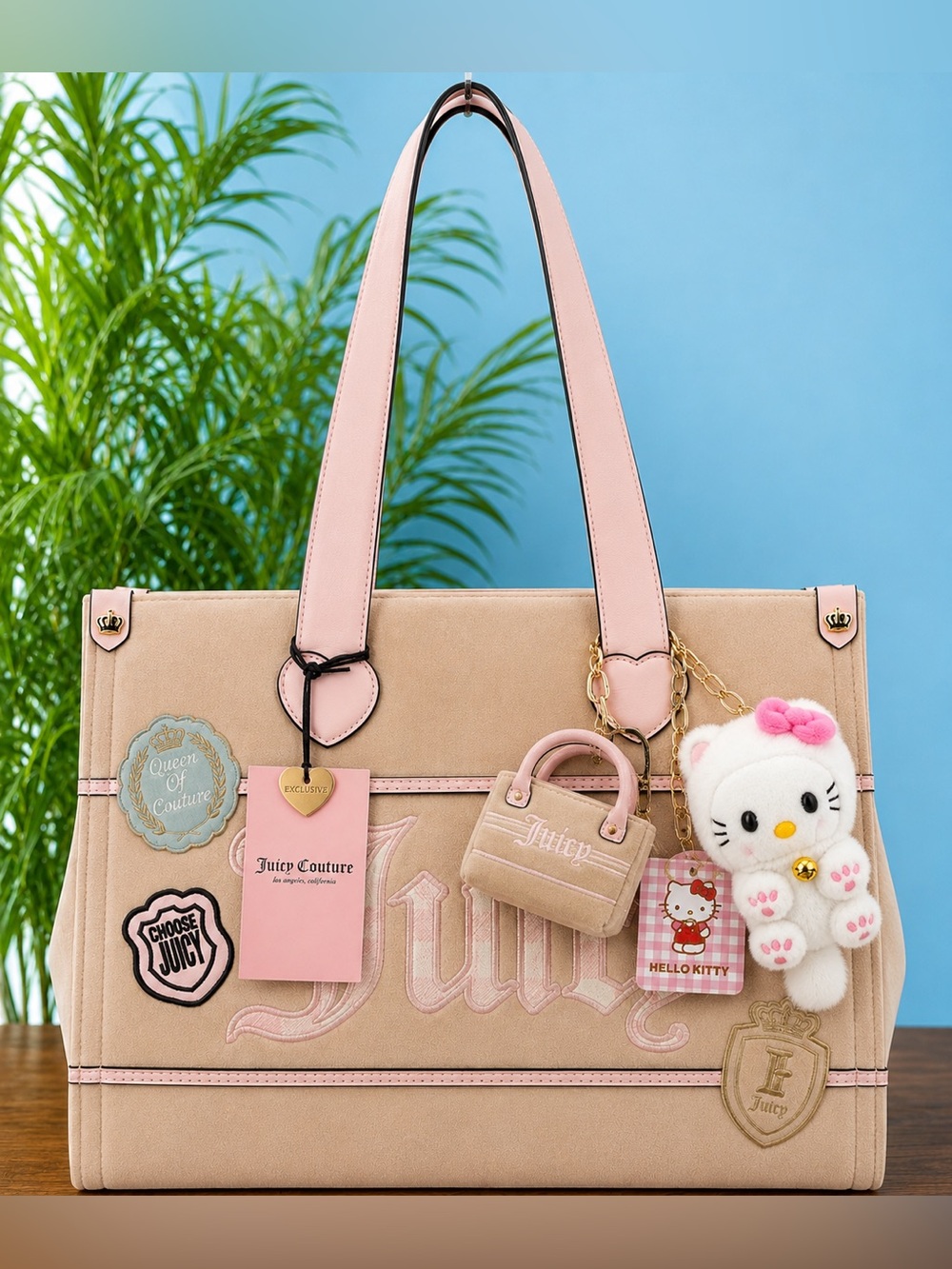 NWT Juicy Couture Beige Pink Velour Tote Bag Y2K x Hello Kitty Charm Viral